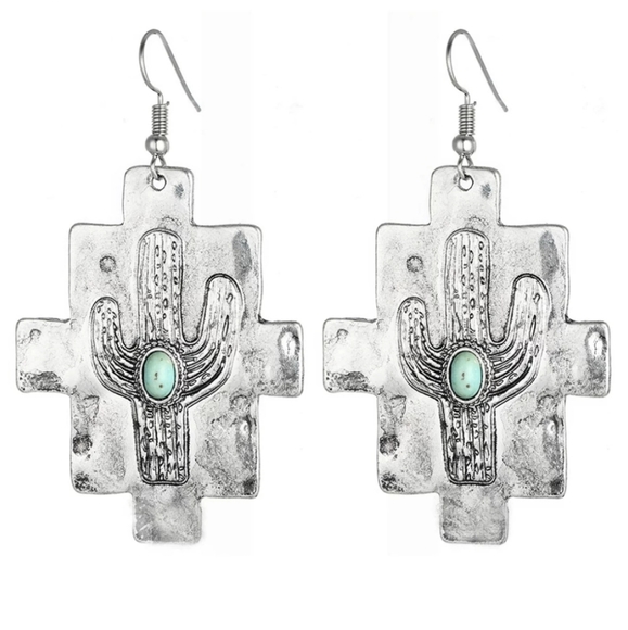 Jewelry - Turquoise Cactus Earrings. Silver. Western Boho